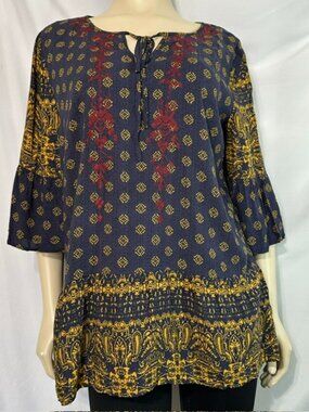 Skies Are Blue Embroidered Peasant Blouse Blue/Gold/Red Size XXL